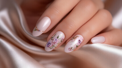 Close up of hand with floral nail art on silk fabric in soft lighting studio
