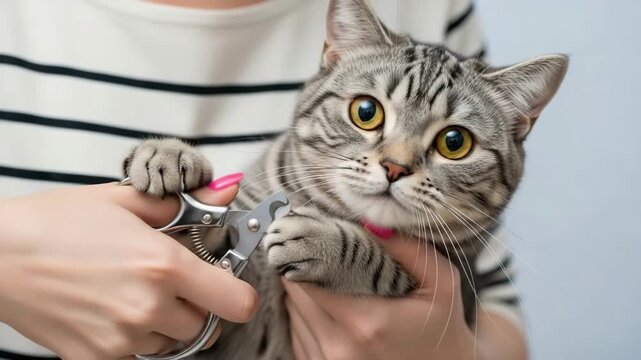 A person gently trims the claws of a cute grey tabby cat with special nail clippers focusing on pet care