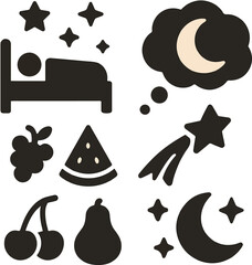 Cute Flat Icons of Nighttime Sleep Elements Including Moon, Stars, Bed, Pillow, and Sleep Mask for Wellness and Bedtime Themes


