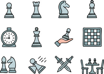 Chess Game Icons Set with Pieces Board Swords and Hand Holding Pawn for Strategy Competition and Intellectual Pursuit