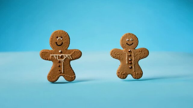 Gingerbread figures joyfully play and approach camera on bright blue background