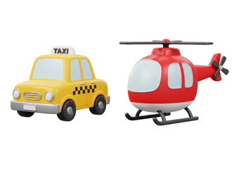 Fototapeta premium Isolated Taxi Car and Helicopter Transport Duo
