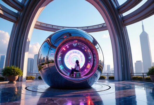 A futuristic scene showcasing a person inside a sleek, illuminated orb, set against a stunning urban skyline, representing innovation and technology in design. - Powered by Adobe