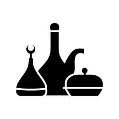 Arabian grocery. Iftar dinner glyph icon. Black silhouette symbol isolated on white background. Vector stock illustration