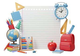 Isolated Back-to-School Frame with Books, Globe, Abacus, Apple, and Backpack