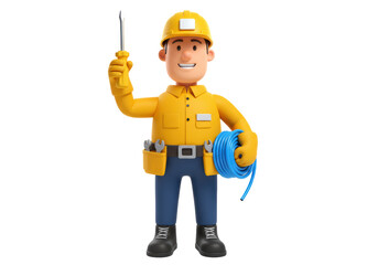 Isolated Cartoon Electrician Holding Screwdriver and Coil of Wire with Cheerful Demeanor