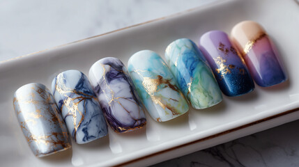 Close up of marble and gradient nail art designs on a white rectangular plate