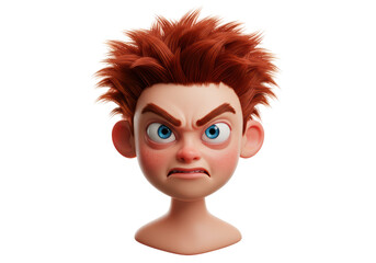 Isolated Portrait of Angry Cartoon Boy with Red Hair and Intense Expression