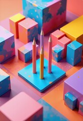 Vibrant and artistic pencil arrangement over colorful geometric blocks, perfect for creative projects, design inspiration, or educational materials.