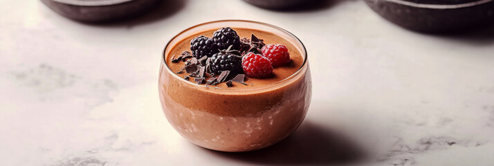 A flavorful jar breakfast features creamy smoothie blended with fruits, topped with fresh blackberries, raspberries, and chocolate shavings, perfect for a nutritious morning treat, banner