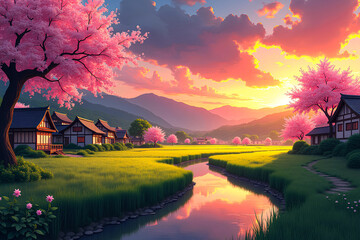 Tranquil Japanese Landscape with Cherry Blossoms at Sunset by a River
