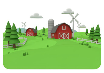 Isolated Cartoon Farm Landscape with Barns, Silo, and Green Fields