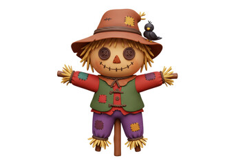Isolated Cartoon Scarecrow with Crow on Shoulder in Autumn Colors