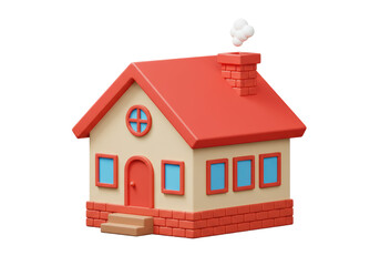 Isolated Cartoon House with Red Roof and Brick Foundation, Simple and Cute