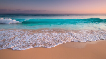 Obraz premium Serene Beachscape at Sunrise with Calm Waves and Golden Sands