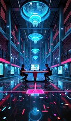 A futuristic workspace showcasing two individuals collaborating in a high-tech environment, illuminated by vibrant neon lights, perfect for technology and innovation themes.