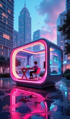 Futuristic workspace design in an urban setting, showcasing modern architecture with vibrant lighting, ideal for tech, remote work, and innovation themes.