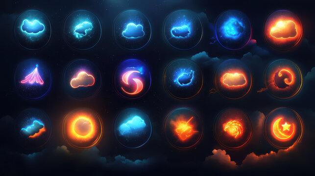 Glowing Neon Cloud Icons Night Sky Digital Art