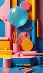 Colorful geometric shapes, pencil holders, and a balloon create a playful setting. Perfect for creative projects or children’s themes in marketing and design.
