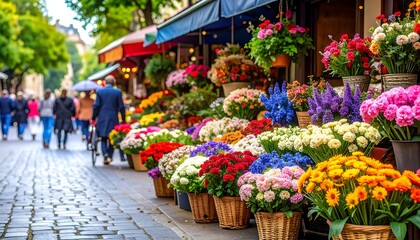 Parisian street lined with vibrant flower stalls