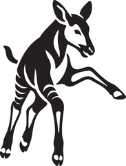 Black okapi silhouette leaping on white background, Jumping okapi silhouette black on clean white