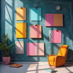 A vibrant and modern workspace featuring colorful clipboards, a cozy chair, and a touch of greenery, perfect for creative and inspirational settings in design and marketing.