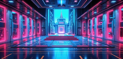A futuristic, neon-lit corridor with high-tech design, ideal for sci-fi themes, gaming, or tech-related projects.