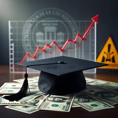 Rising Education Costs: Graduation Cap on Money with Upward Trend Graph