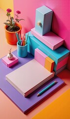 Vibrant stationery arrangement featuring colorful boxes, notebooks, and plants. Ideal for creative projects, stationery design, and modern workspace aesthetics.
