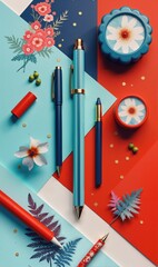 A vibrant flat lay of colorful stationery, including pens and decorative items, suitable for creative projects, marketing materials, or office decor.