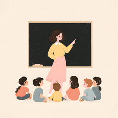 Cute illustration of a female teacher pointing at a chalkboard while young children sit attentively on the floor, ideal for education or preschool themes.
