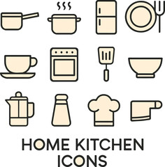 Flat Vector Icons of Home Kitchenware Including Cups, Plates, Utensils, Blenders, and Cooking Equipment for Culinary and Household Themes

