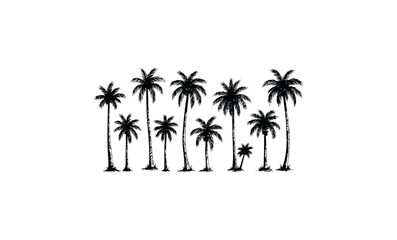 Silhouette of eight tall palm trees on white background. Vector retro hand drawn illustration.