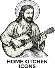 Hand Drawn Religious Icon of Jesus Holding a Guitar, Vintage Style Christian Art Illustration for Spiritual or Artistic Themes

