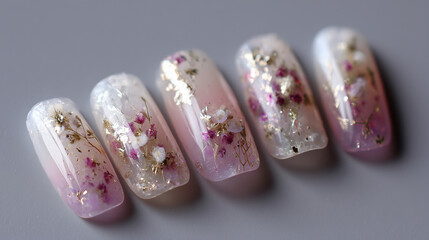 Close up of five fingernails with floral and gold leaf nail art designs shown