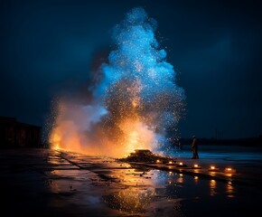 the scene captures a dramatic display of an eruption on a dark, reflective surface