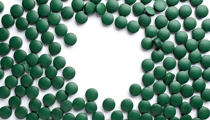 Dark green pills arranged in a circle on white background