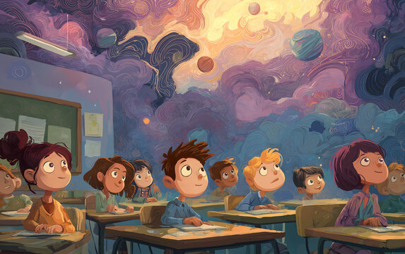 Curious schoolchildren gaze at a cosmic sky filled with planets and galaxies, blending imagination with learning in a whimsical classroom scene.
