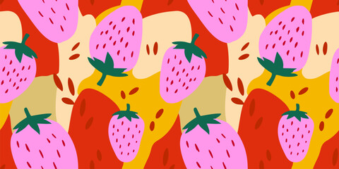 Vector seamless pattern with strawberries. Funky colorful abstract background with summer fruit, bold cut-out shapes. Cute bright tropical texture. Hot pink, red, yellow, green color. Repeating design