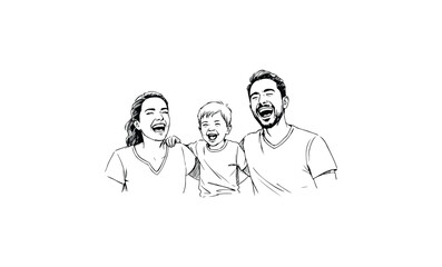 Fototapeta premium Happy family moment: laughing caucasian parents with child sketch. Vector retro hand drawn illustration.