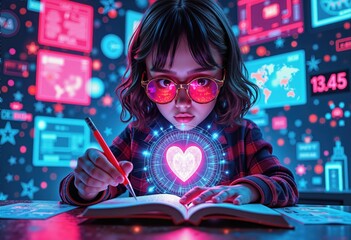 A young girl with glasses engages in creative learning, surrounded by digital graphics. This image symbolizes innovation and passion for education in a tech-driven world.
