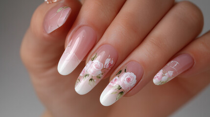 Close up of a hand with long nails decorated with white and pink floral designs