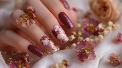 Close up of hand with burgundy and floral decorated nails on white fabric with flowers