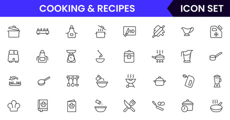 Cooking and recipes vector line icons featuring pots, pans, ingredients, utensils, cookbooks, chef hats, timers, and meal preparation tools.