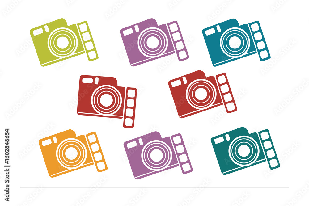 Poster a vibrant collection of retro camera icons in various bright colors arranged in a scattered pattern 