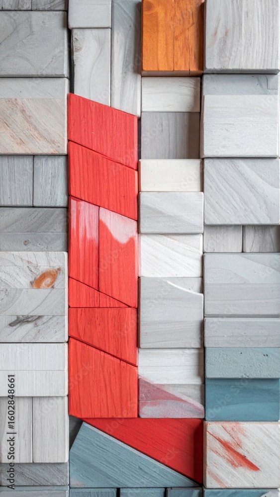 Poster mosaic pattern with wood blocks of varying colors and textures on wall