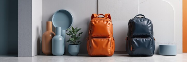 Trendy backpacks in vibrant orange and navy blue, styled with decorative vases and a plant. Perfect for fashion, lifestyle, and product marketing imagery.