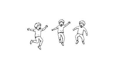 Naklejka premium Sketch of three young caucasian children jumping and expressing joy. Vector retro hand drawn illustration.