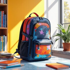 A vibrant, stylish backpack sits on a desk, surrounded by colorful notebooks and stationery, ideal for students and young professionals seeking trendy accessories.