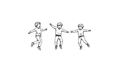 Three young caucasian boys jumping and playing in sketch style. Vector retro hand drawn illustration.